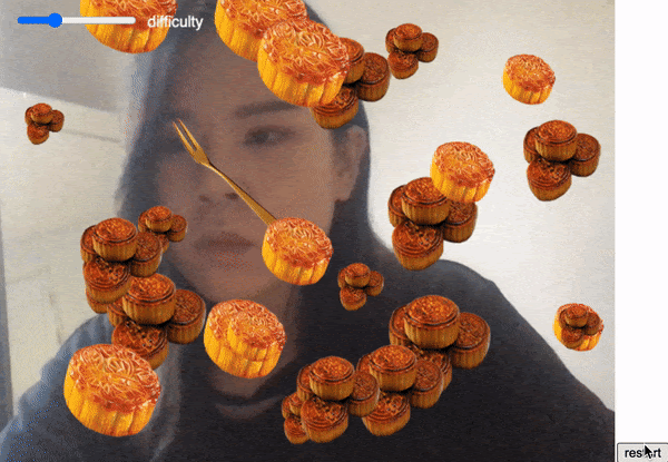 A person uses their face to eat moon cakes on a screen.