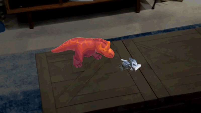 Cartoon dinosaur smashes a knight underfoot, in augmented reality