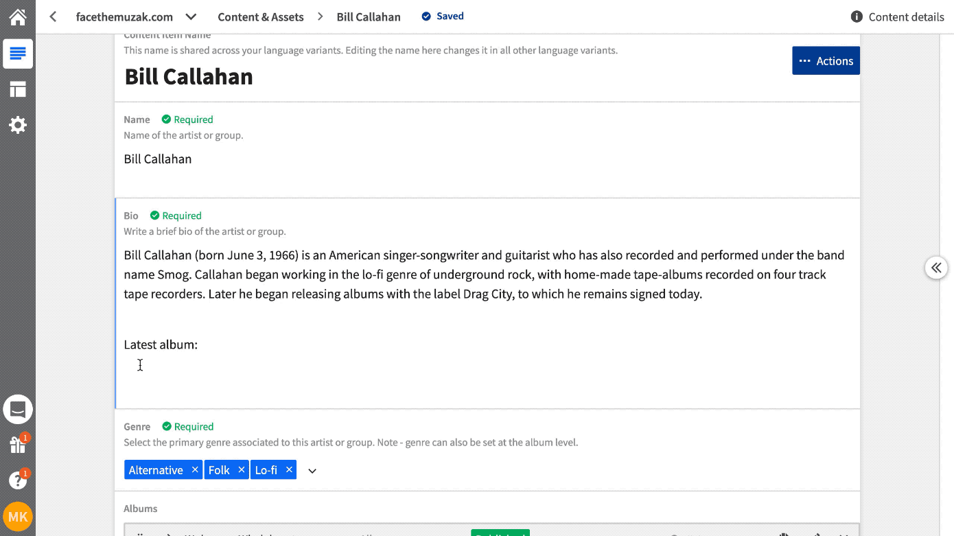 Animated screenshot shows an editor adding a linked item to a rich text field in an artist content item.