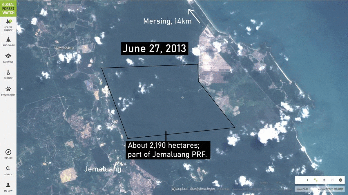 Aerial view with satellite images that show 2,190 hectares of forests in Johor, Malaysia, being converted into oil palm.