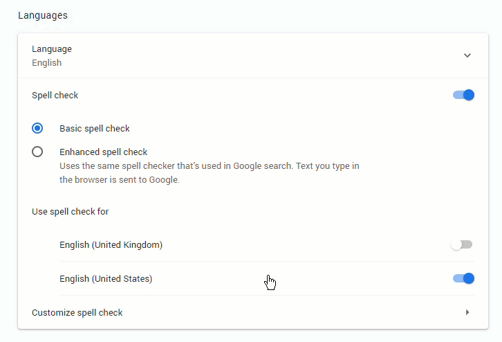 Toggle spell check for only a selected language in Chrome settings