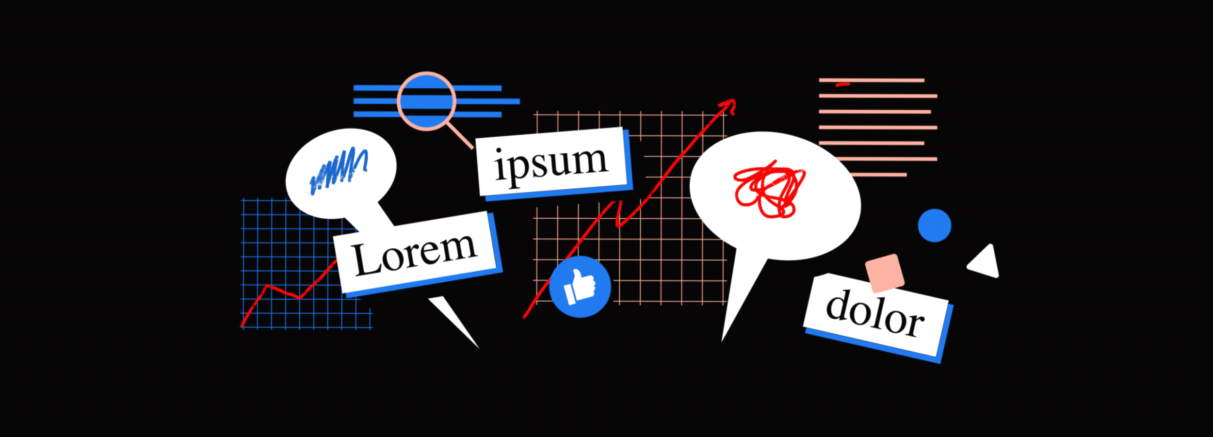 Speech bubbles, charts, magnifying glass, thumbs-up Like button and Lorem Ipsum placeholder text depicting content strategy