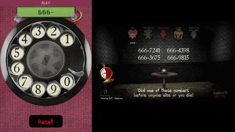 Player entering a phone number on a rotary phone in a minigame for the Trivia Murder Party 2 Jackbox game