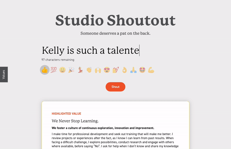 Someone types in a post, “Kelly is such a talented developer, thanks for giving 110%!” and posts it with a dancer emoji
