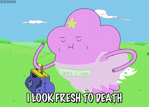 Lumpy Space Princess from Adventure Time, adjusting her outfit, with a caption which reads ‘I look fresh to death’