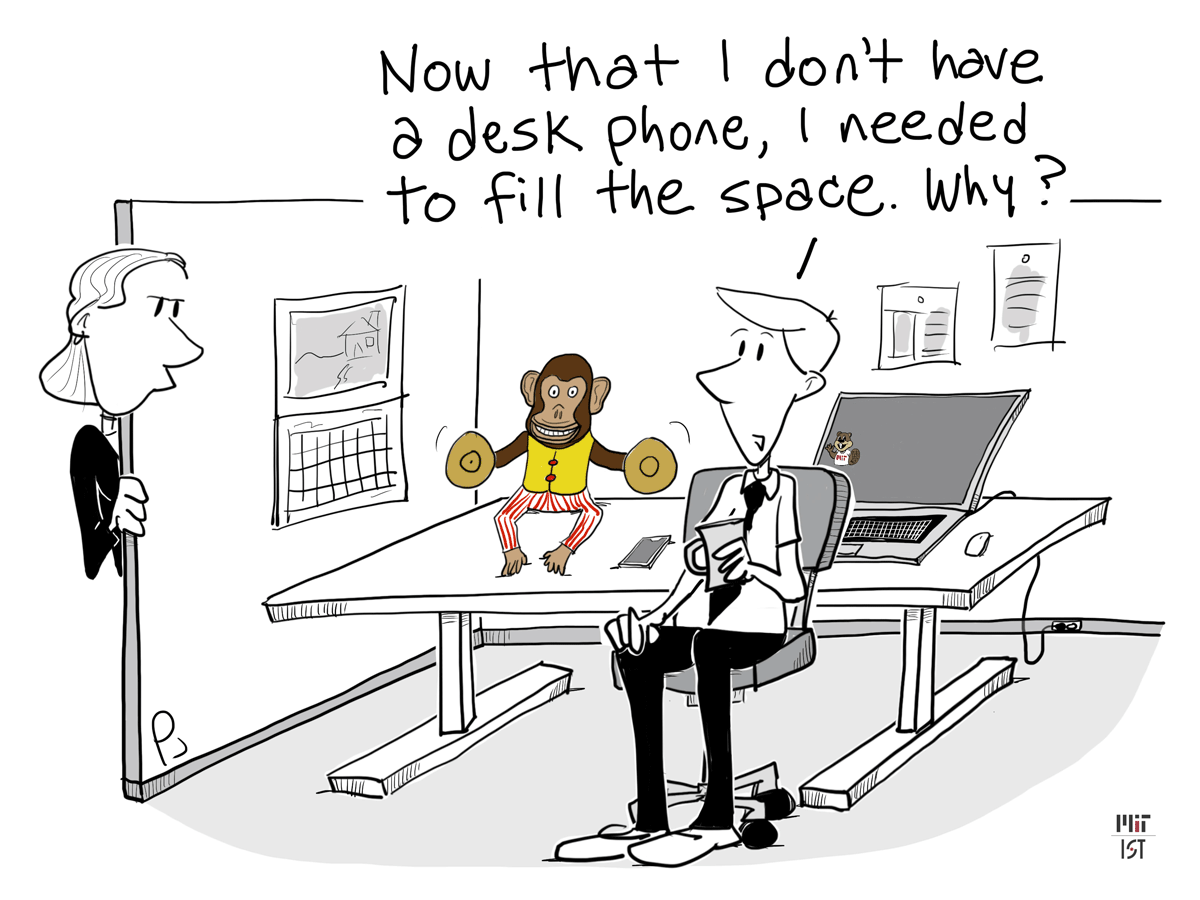 Cartoon of a man who replaced his work desk phone with a clapping monkey toy.