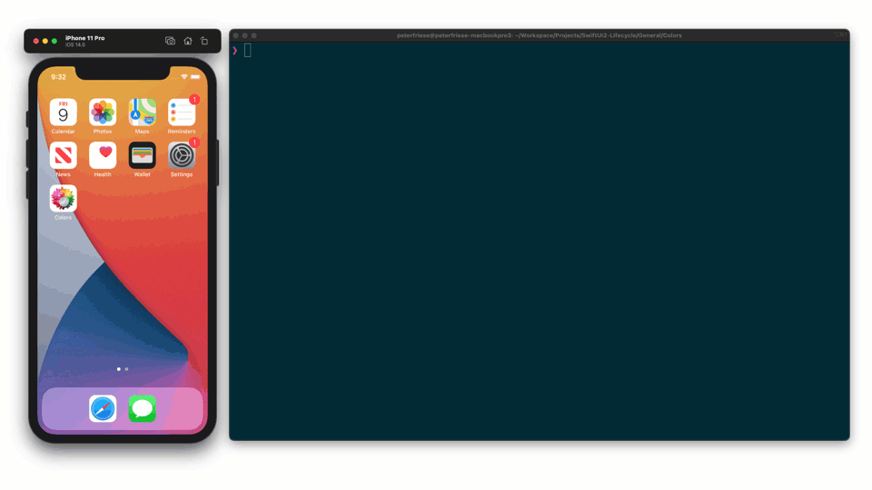An animation of deep linking working in an iPhone app and a corresponding terminal