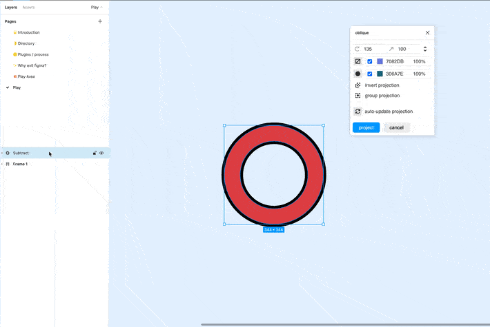 A screen recording of using the Oblique plugin to create projections on Figma