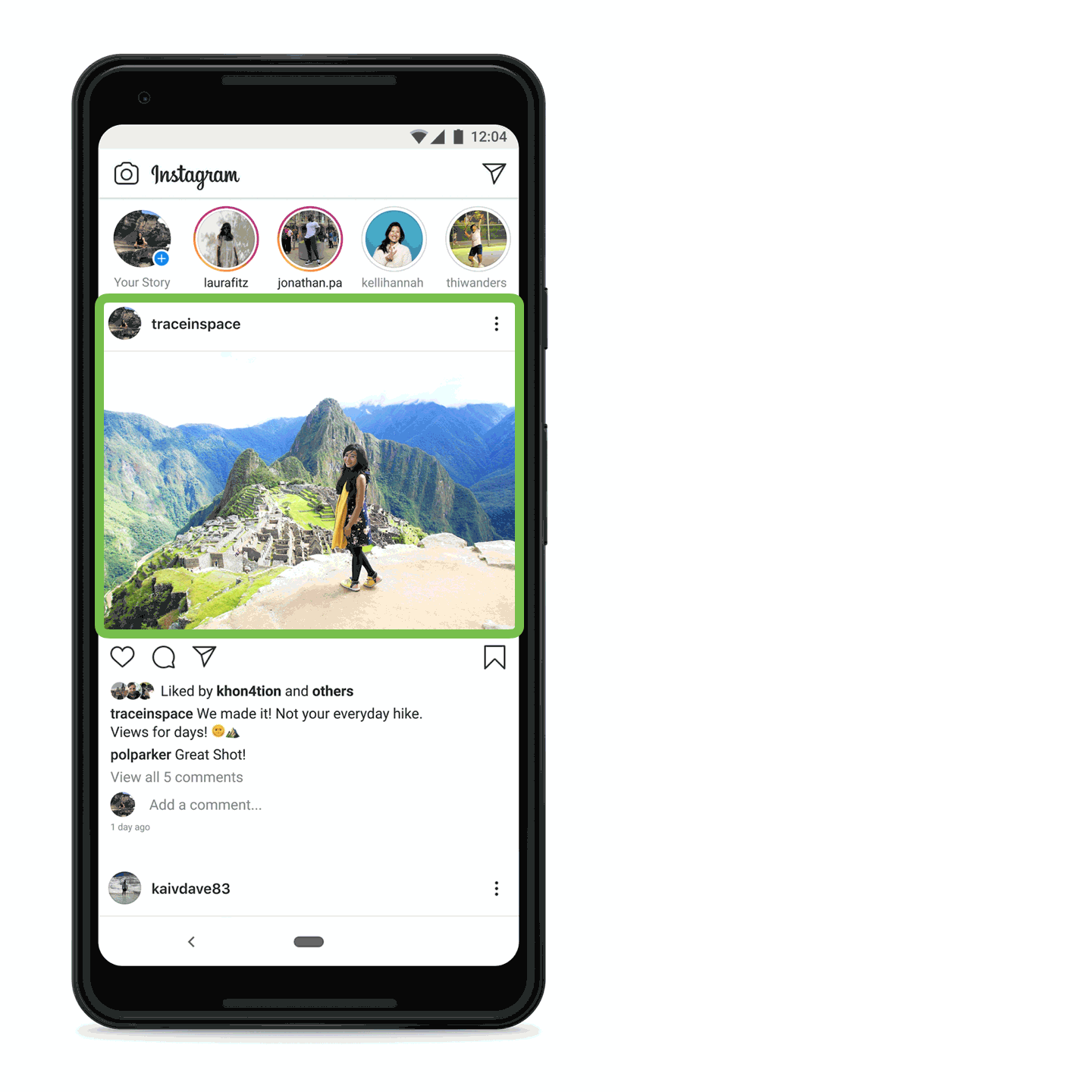 A cell phone screenshot of a news feed showing a picture, and a speaker icon showing the cell phone highlighting the picture and announcing may be an image of 1 person, standing, and Machu Picchu.
