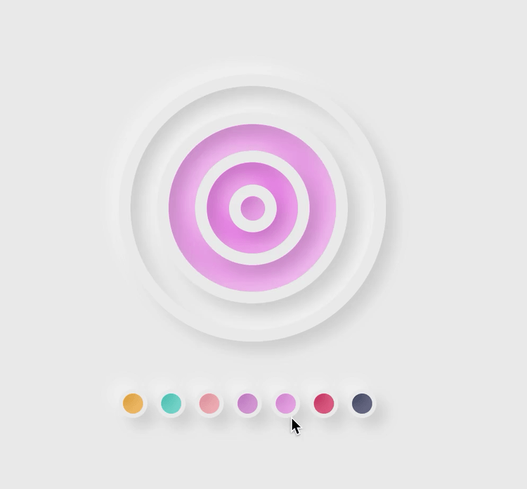 animation of concentric circles whose color changes when an arrow clicks on different color dots at the bottom of the screen