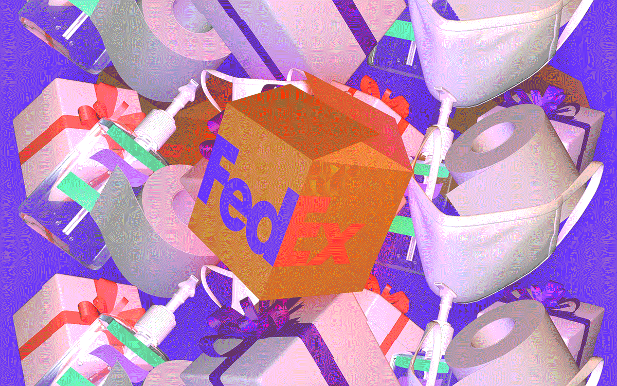 A FedEx shipping box rotates against a backdrop of toilet paper, gift boxes, and hand sanitizer