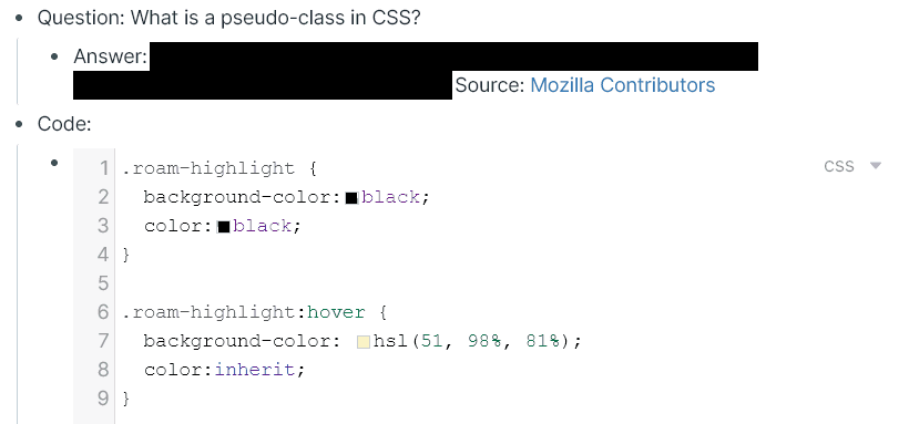 CSS code showing the blacked out text being displayed on hover.