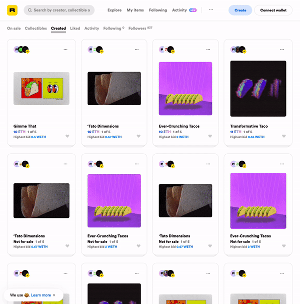 Screen recording of a marketplace showcasing animated Taco Bell tacos as art work with neon colors.