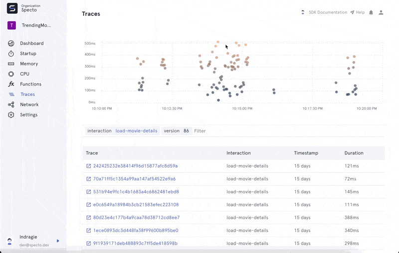The trace dashboard, which shows a filterable list of the traces being collected in production