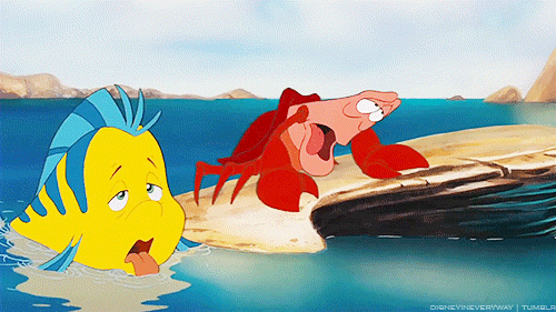Sebastian the crab and Flounder emerging from the water exhausted