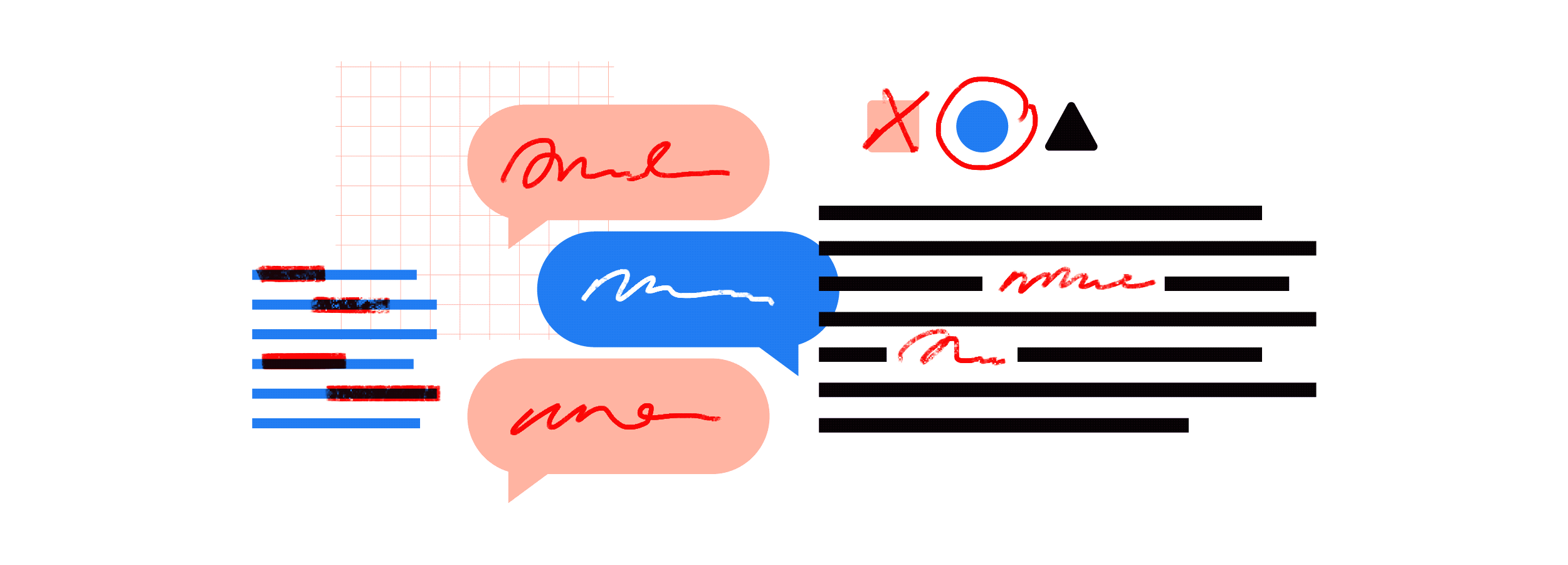 Highlighted text, speech bubbles and blank spaces, which represent different content strategy research methods