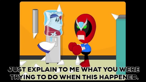 Homestar has gotten himself stuck in the office water cooler.