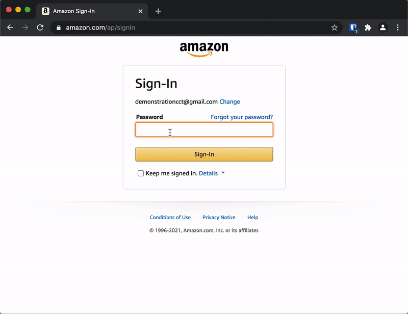An animation of a user clicking on the Bitwarden extension, selecting the login credentials for an example webpage, and automatically populating the password field to log in.