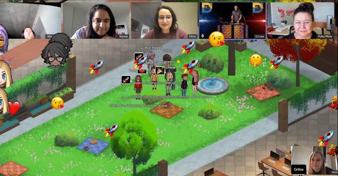 Gif of a small team of people at an event in SoWork. They’re dancing to music celebrating each other with emojis.