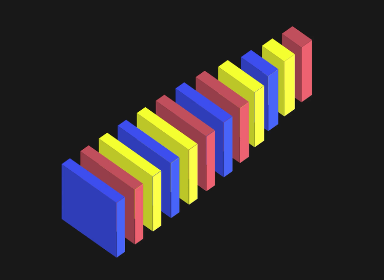 animation of a line of white, red, blue, and yellow 3D squares changing shape and color