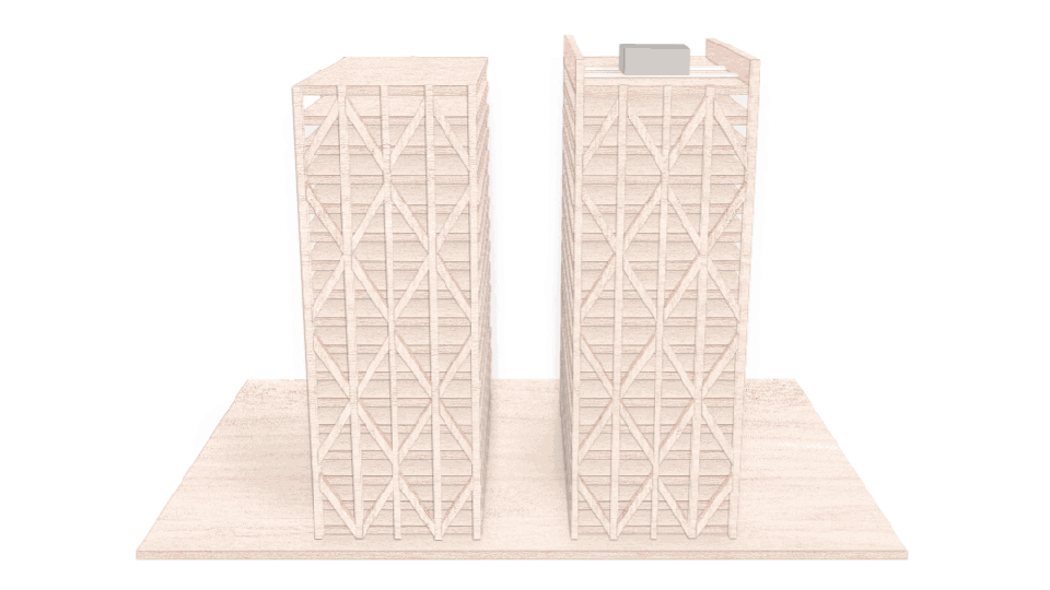 Gif shows two shaking buildings. The building with a block on top shakes less.
