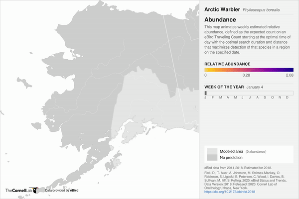 map of alaska showing weekly relative abundance of arctic warblers in moving gif format