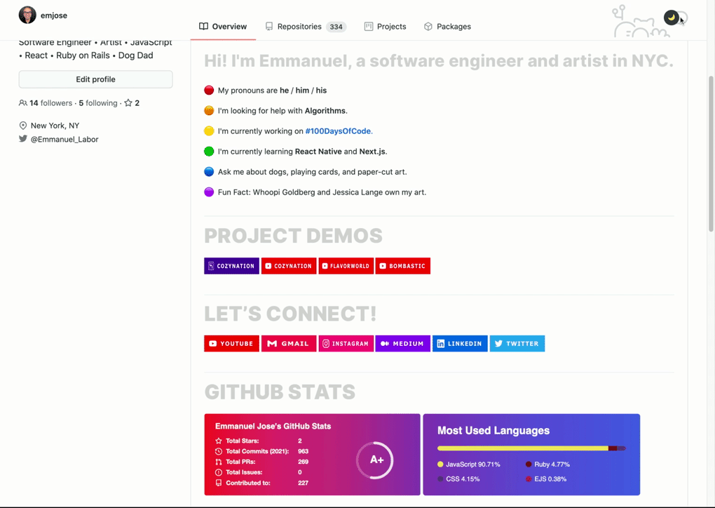 My section headings in Light and Dark Mode. https://github.com/emjose