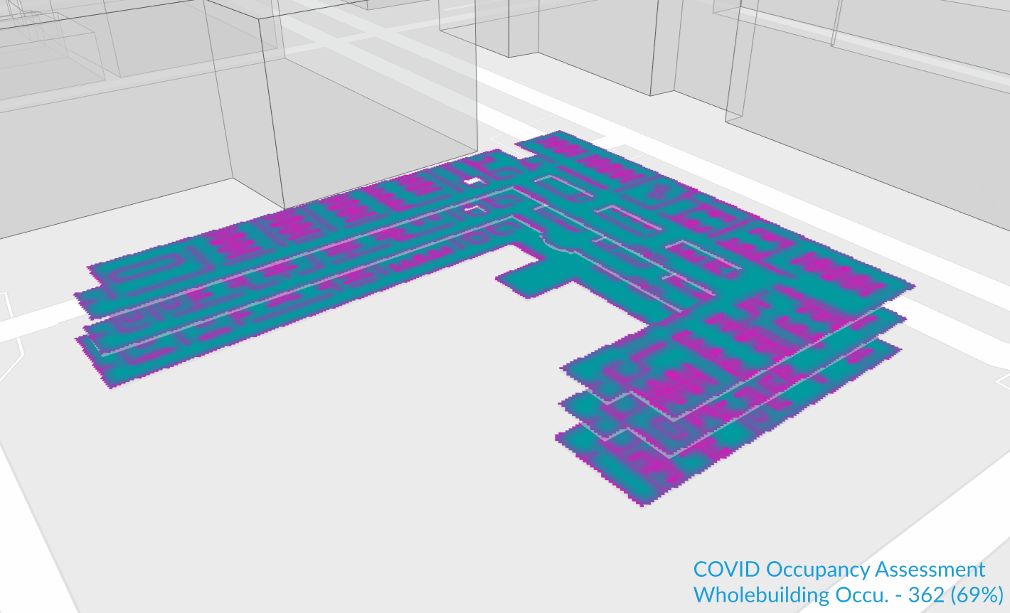 A looping GIF cycling through the COVID-19 social distancing analysis for three floors of a building.