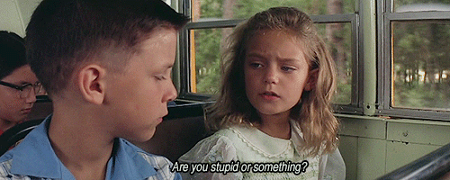 Riding a school bus, Young Jenny asks Young Forrest Are you stupid or something?