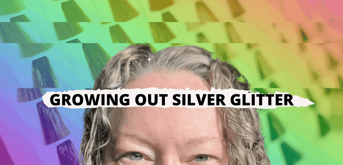 Author’s face from eyes up and gray hair roots in bright sun. Sparkle motion graphic, text reads: Growing Out Silver Glitter.