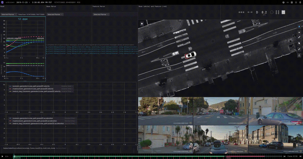 GIF comparing on-road behavior as recorded (white car) and after code change (red box)
