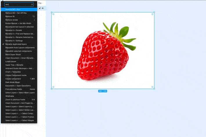 A screen recording of an image which loses its background by running a plugin called “remove.bg”