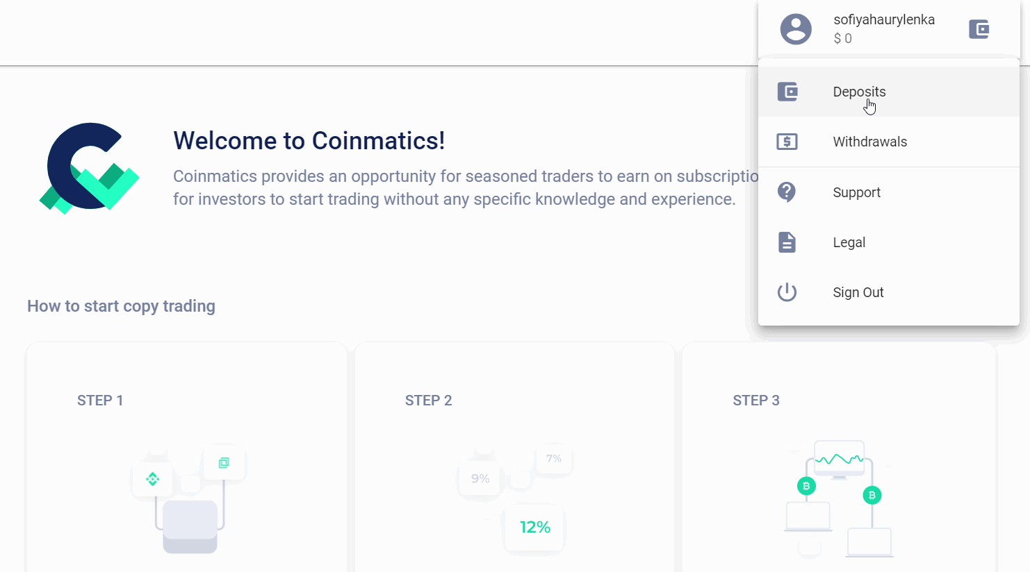 Instruction how to deposit in Coinmatics account in order to receive paid Telegram signals.