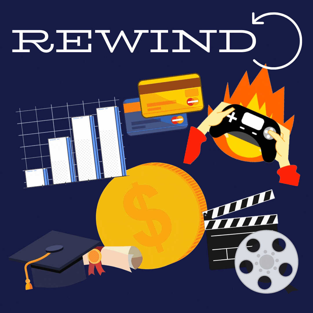 A gif showing central themes of the Millennial Investments January 2021 Rewind featuring PS5s, Bitcoin, YouTube, and charts!