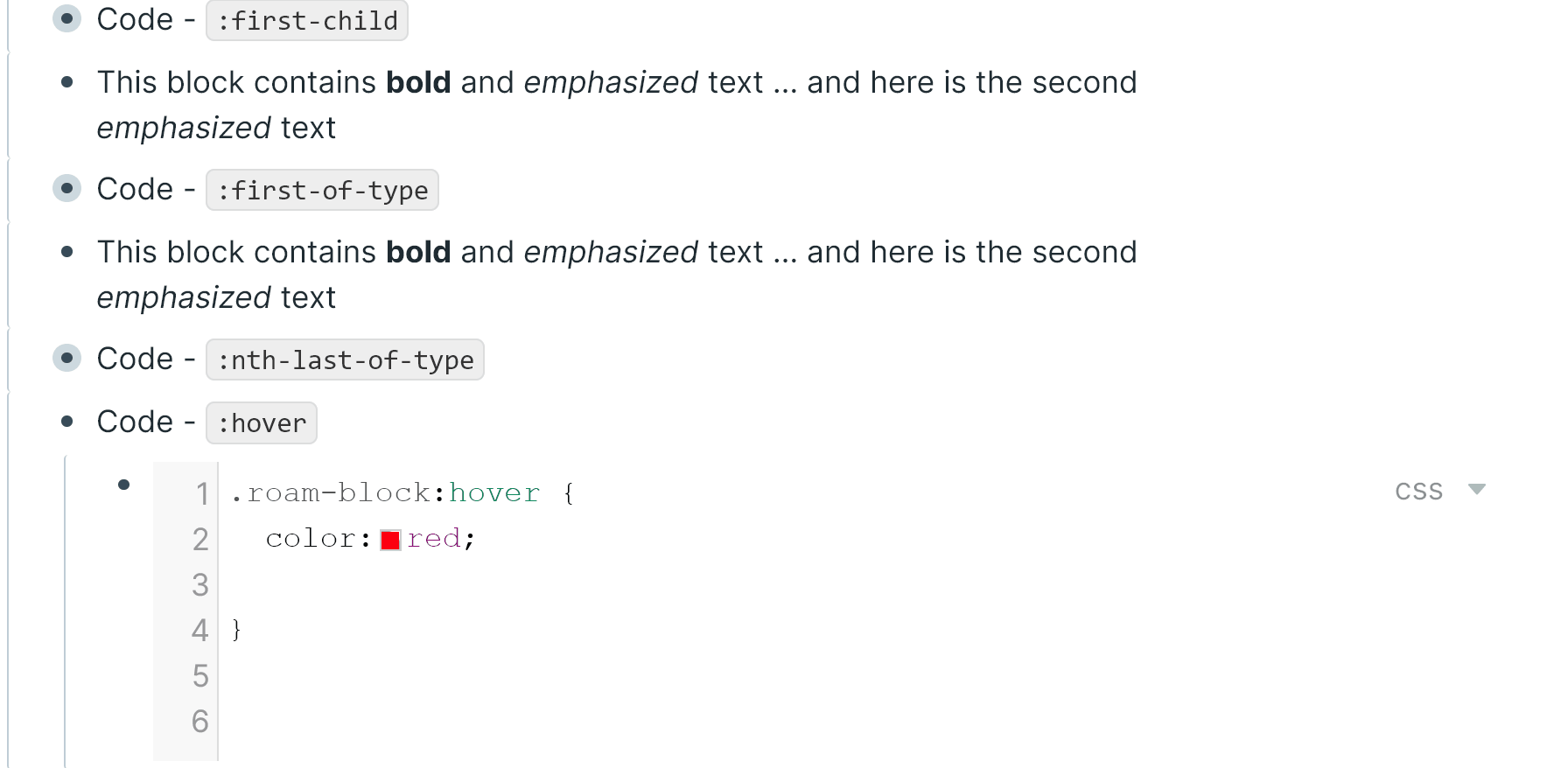 CSS code showing the use of :hover pseudo-class
