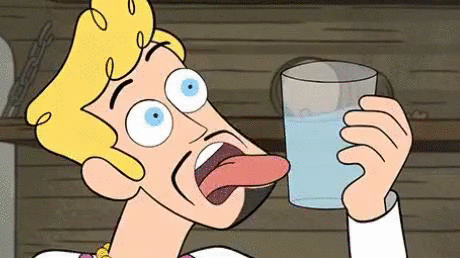 A man trying to use a glass of water in all the wrong ways