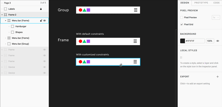 An animation showing how groups and frames resize
