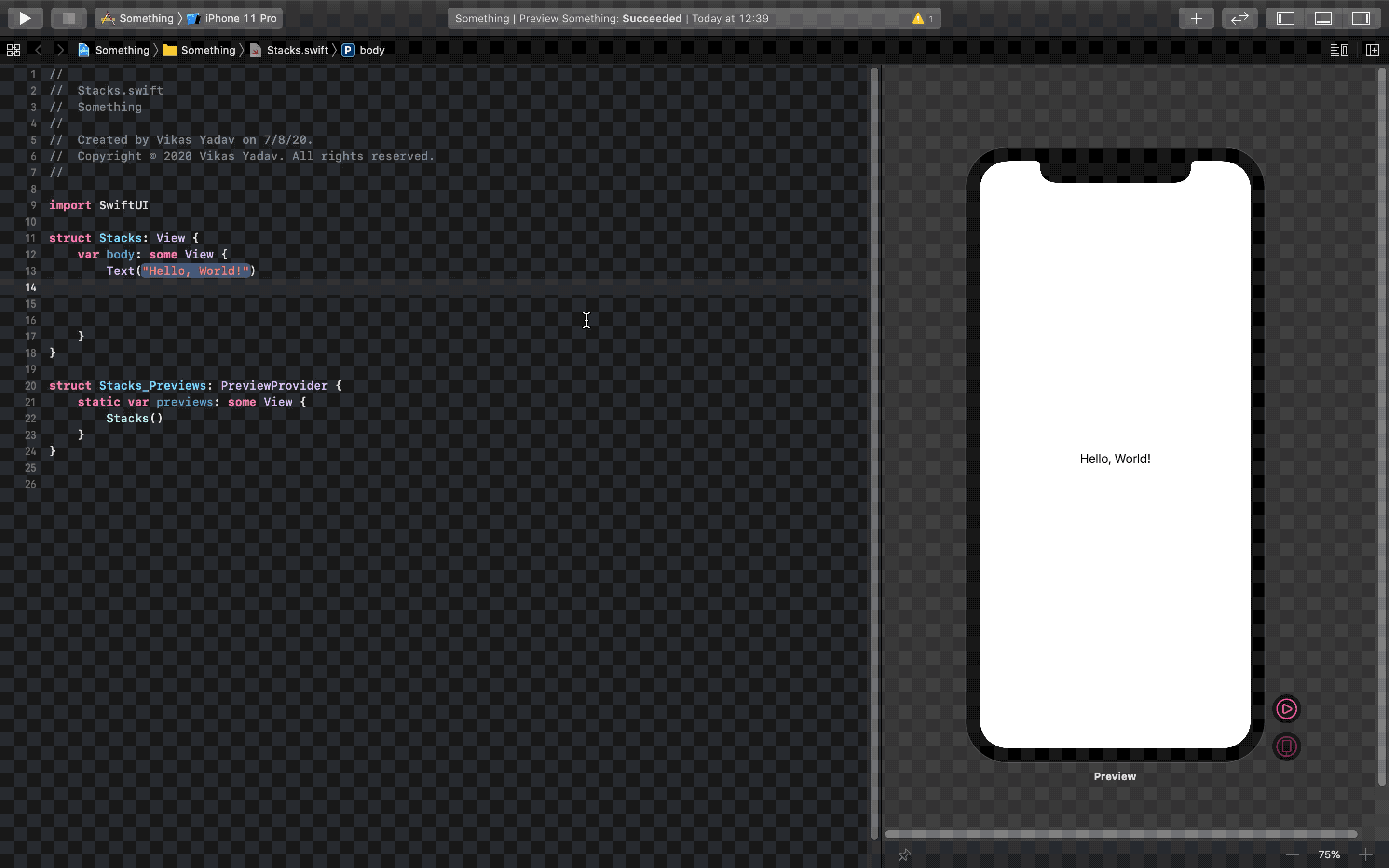 Here I am trying to add another text element and an image but Xcode is not able to generate a preview