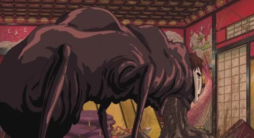 No Face's black gooey body vomits black goo in Spirited Away (2001)