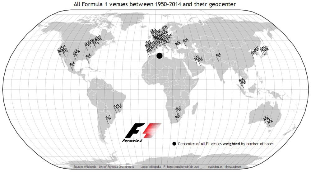 pic Formula 1 Schedule Map formula 1 venues between 1950 2014