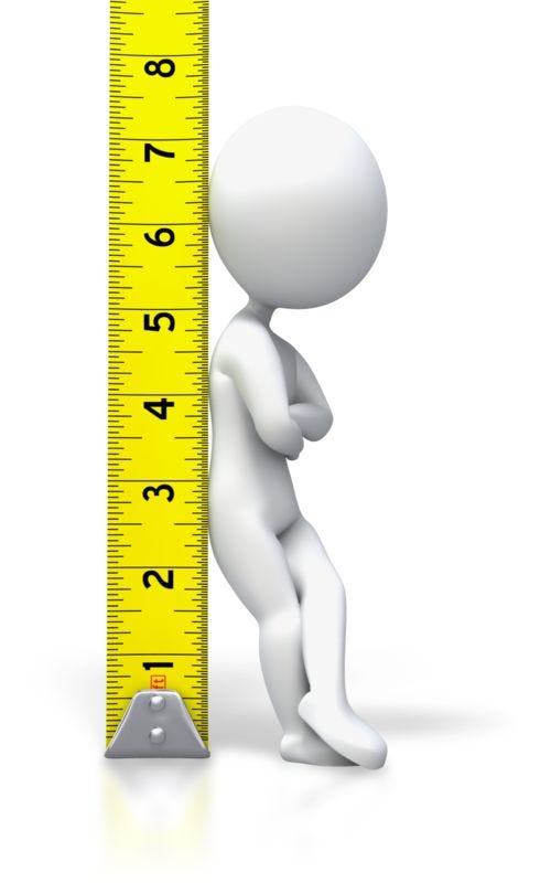 Artistic image of a white figure that represents a person, leaning against a tape measure