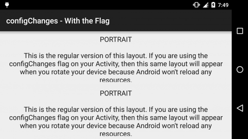 Android - configChanges - With the Flag - Landscape