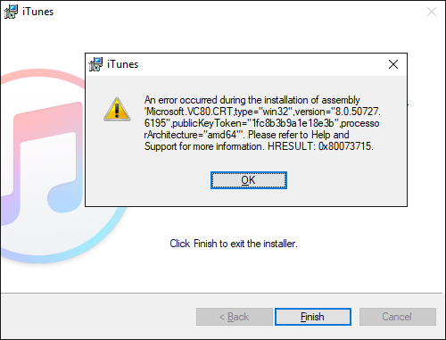 itunes install an error occurred during the installation of assembly microsoft vc80 crt