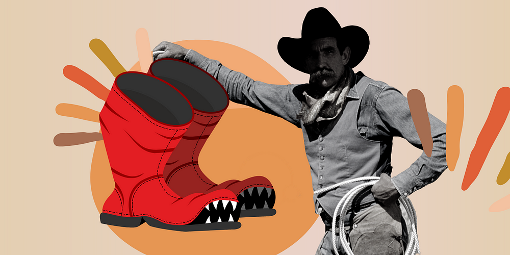 A creative collage for an article on bootstrapping: a black and white image of a rugged cowboy, poised with a lasso, alongside a large, stylized red cowboy boot with menacing teeth marks on the sole. The background is a warm beige with abstract shapes in muted tones, suggesting a dynamic and bold approach to taking risks and facing challenges head-on.