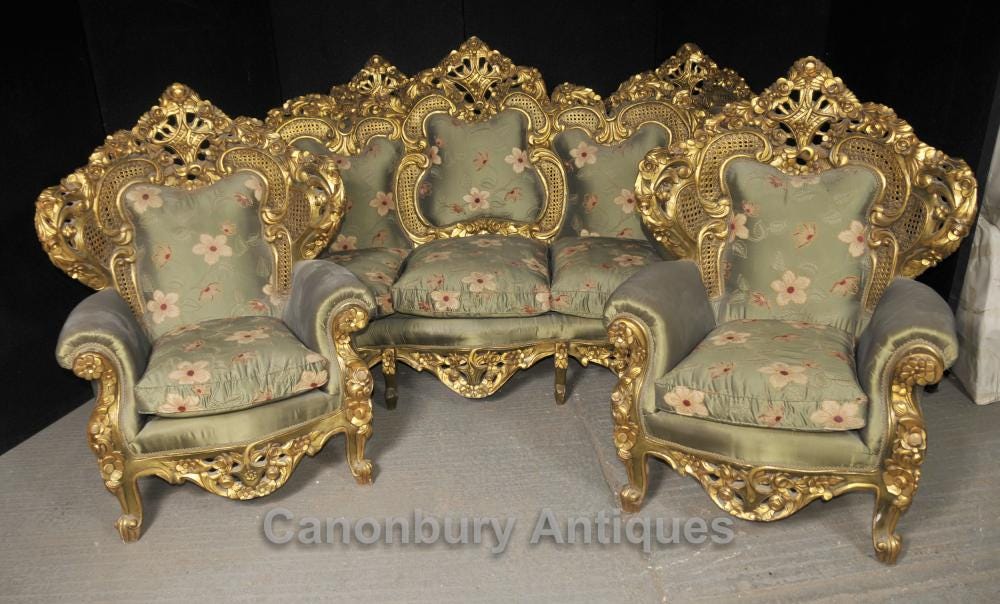 Antique French Rococo Sofa Suite Gilt Arm Chairs Lounge Chair Sofa Suite Gilt Arm Chairs Lounge Chair
