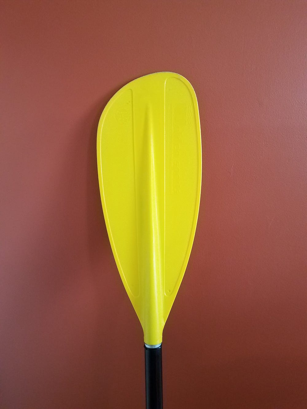 A bright yellow boat paddle leaning against a red wall