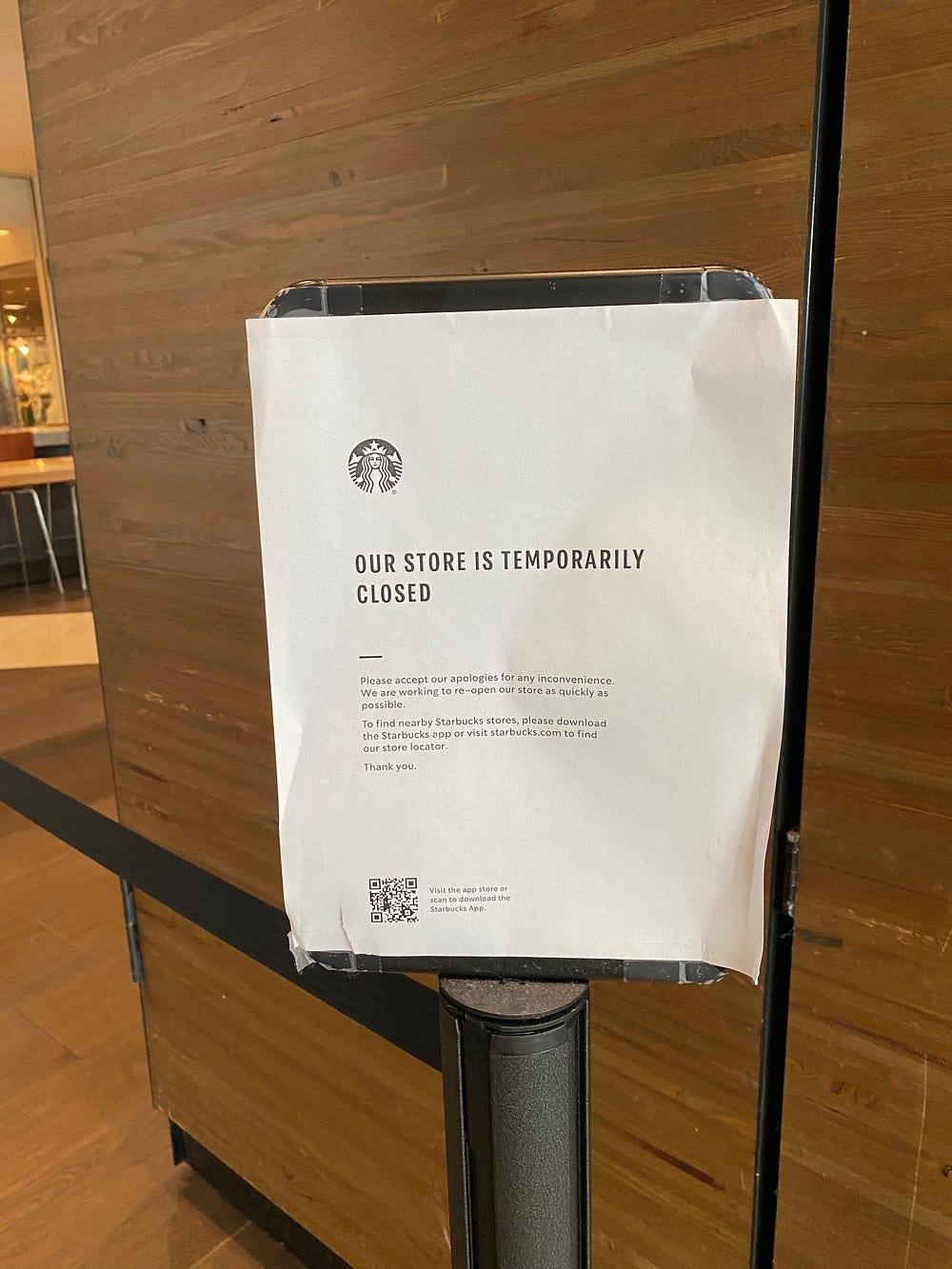 Starbucks sign indicating that the store is temporarily closed