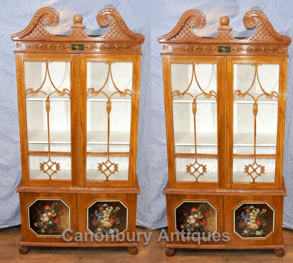 Pair Antique Chippendale Glass Fronted Display Cabinets Bookcases