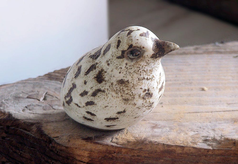 The stoneware slip-cast Baby Gull exemplifies the Andersen’s innate talent for simplicity of form and decoration, It is brushed in the Andersen’s brown slip anf hand decorated with was dots painted in wax before being dipped in the Andersen’s white matte glaze. The eyes are glazed in the Andersen’s glossy ebony creating a reflective effect.