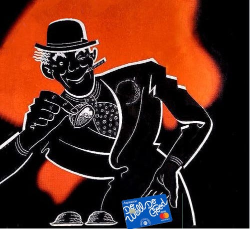A shell-game player who is lifting a shell to reveal an Aspiration Mastercard, emblazoned with the motto, ‘Do well, do good.’